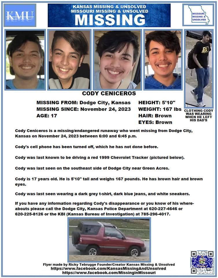 https://www.kake.com/story/50101155/missing-in-kansas-i-always-keep-a-little-hope-in-my-heart-says-mom-of-missing-dodge-city-teen Cody Dean Ceniceros