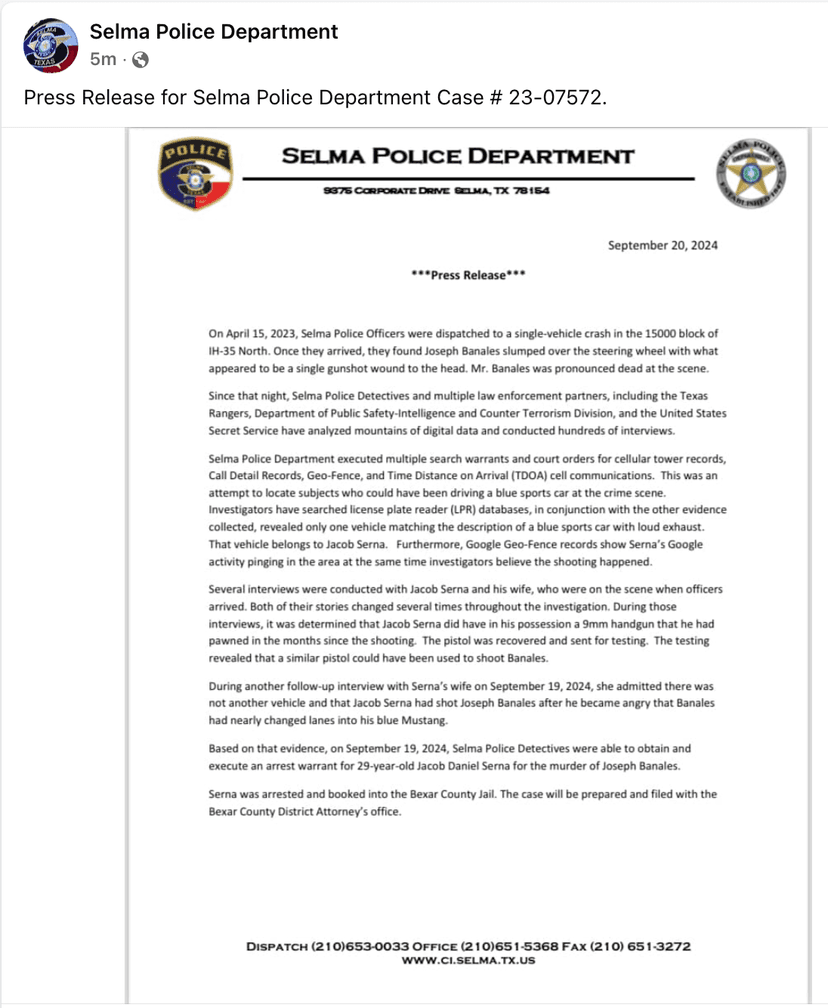 Selma PD statement Joseph Gerard Banales